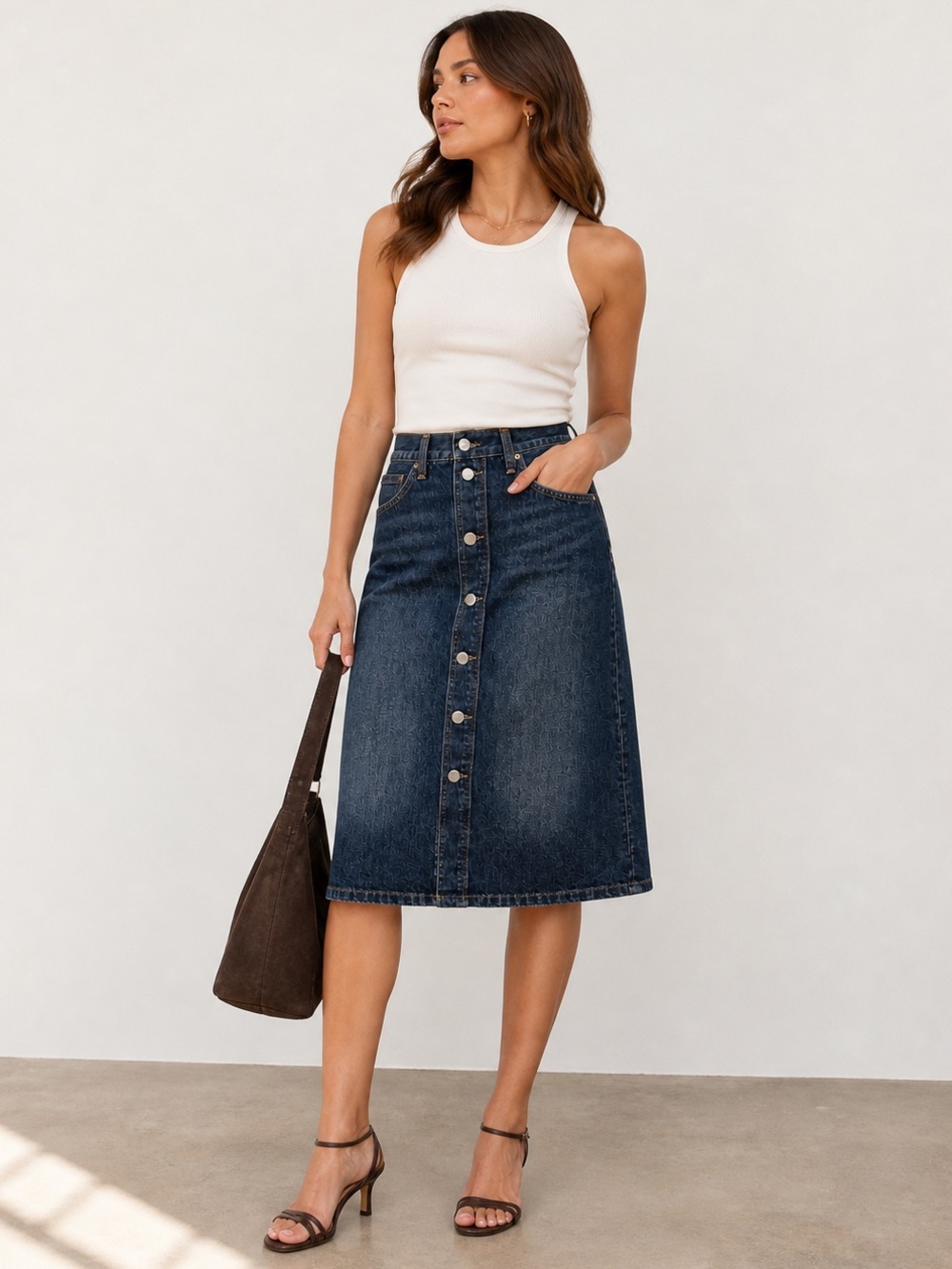 NWT Aritzia Denim Forum Anjelica Skirt 25 Button Front Midi Whiskey A Go Go